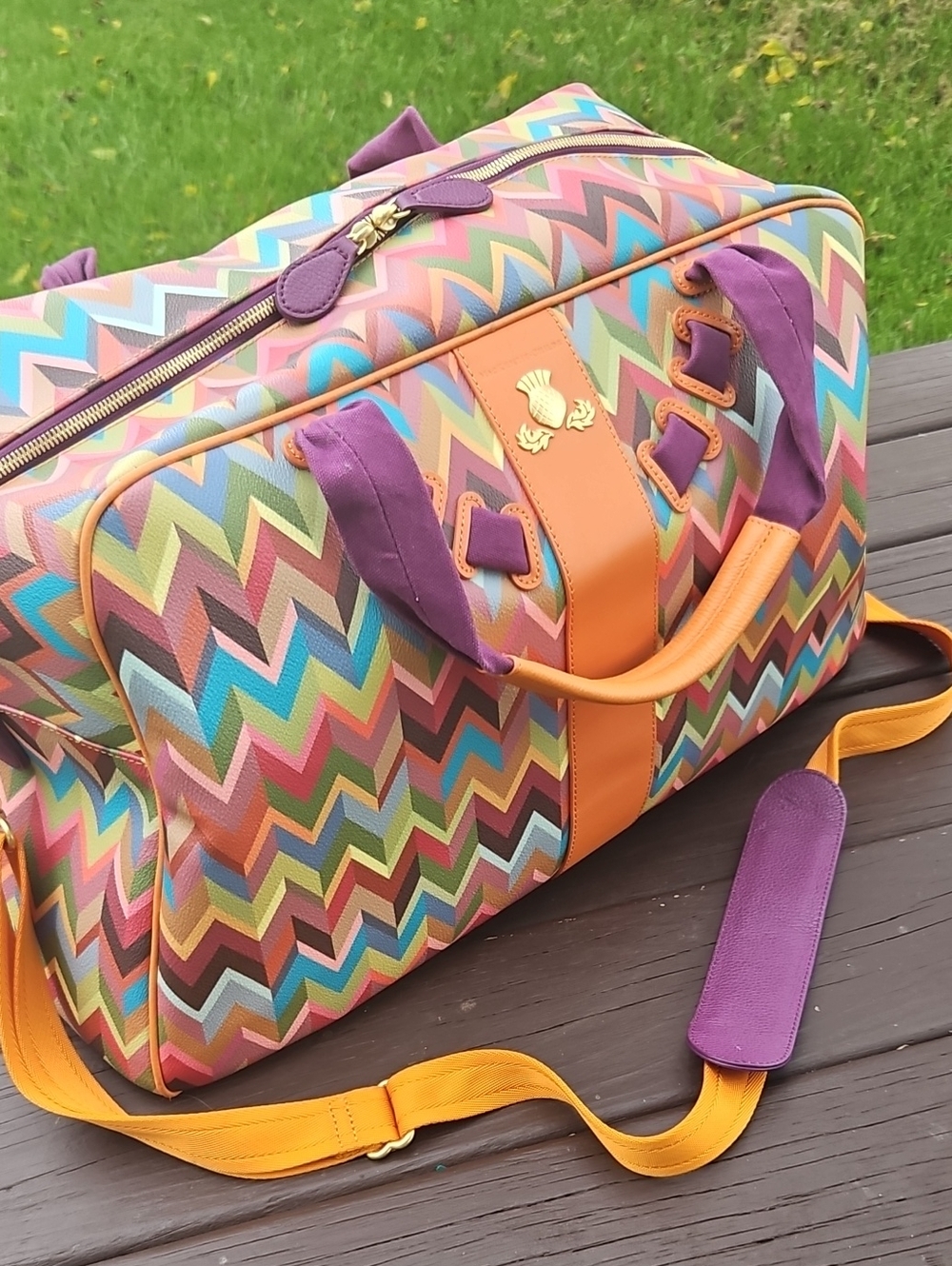 MKC Retired, HTF Multicolor Chevron Weekender Bag with Purple & Orange Accents